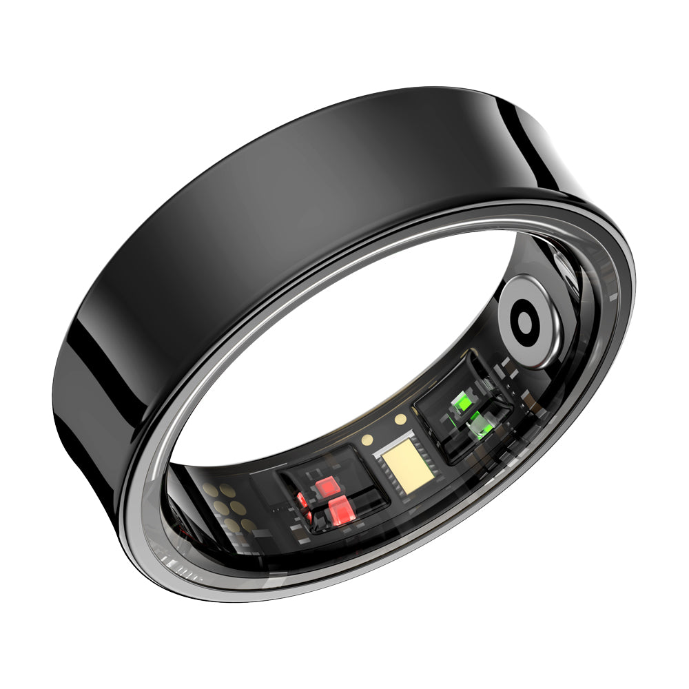 Smart ring, black, worn on finger
