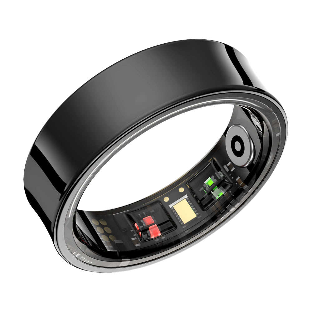 Smart ring, black, worn on finger
